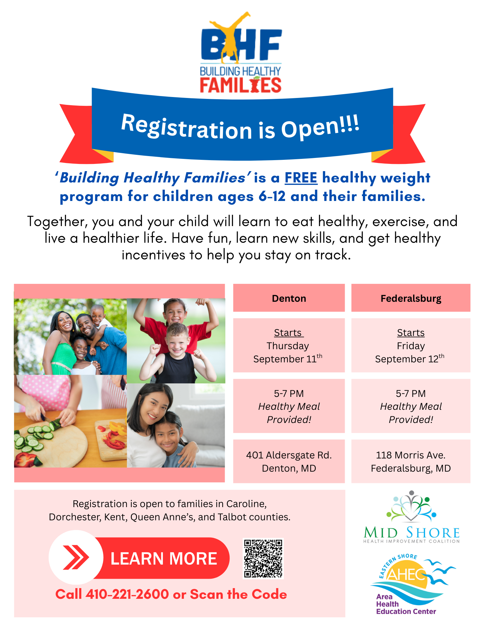 Flyer with details about the Health Family initiatives. Details in post text. Downloadable and scannable PDF available.