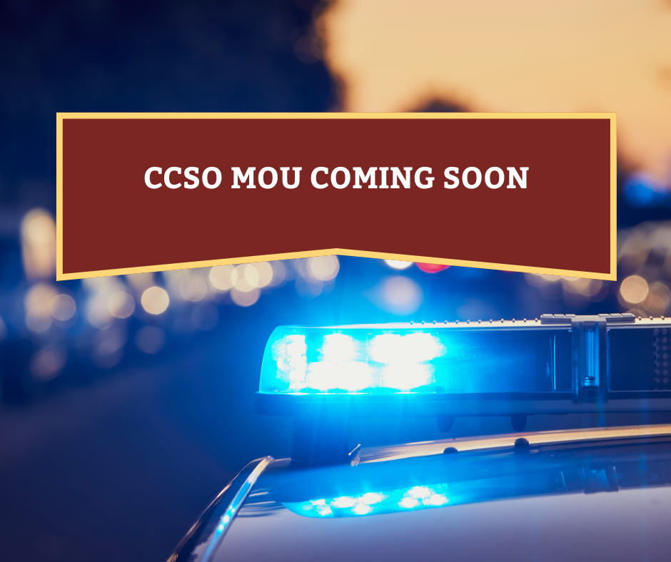 Text reads CCSO MOU Coming Soon on a background of police lights