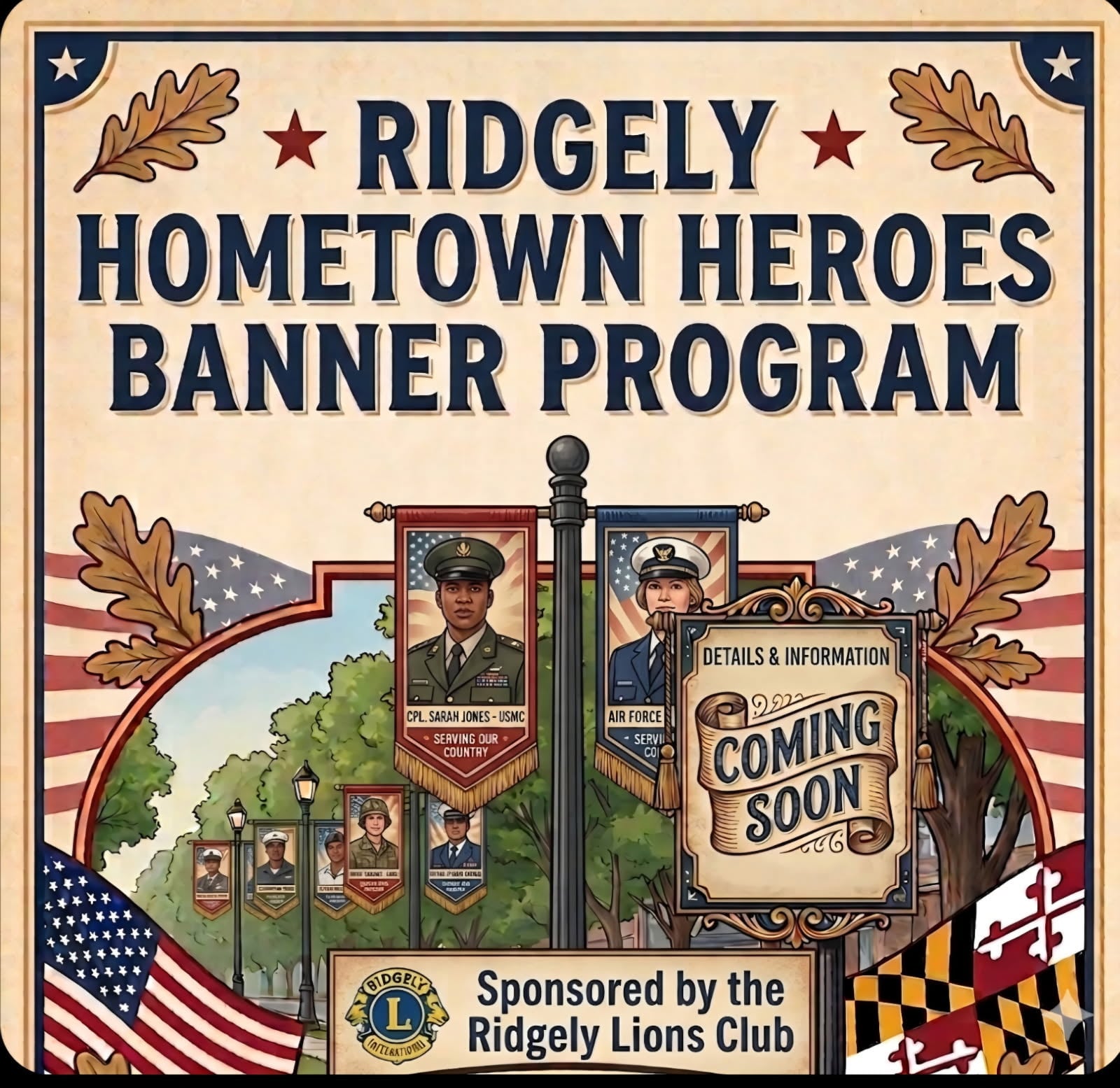 Graphic saying Ridgely Hometown Heroes Banner program. Shoes a sketch of street banners honoring local veterans.