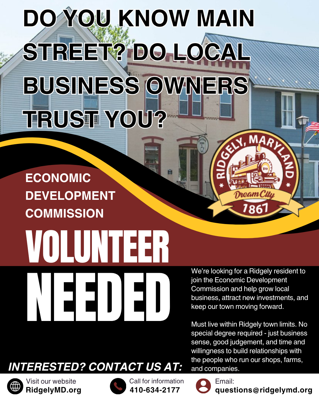 Flyer calling for a volunteer for the Ridgely Economic Development Commission