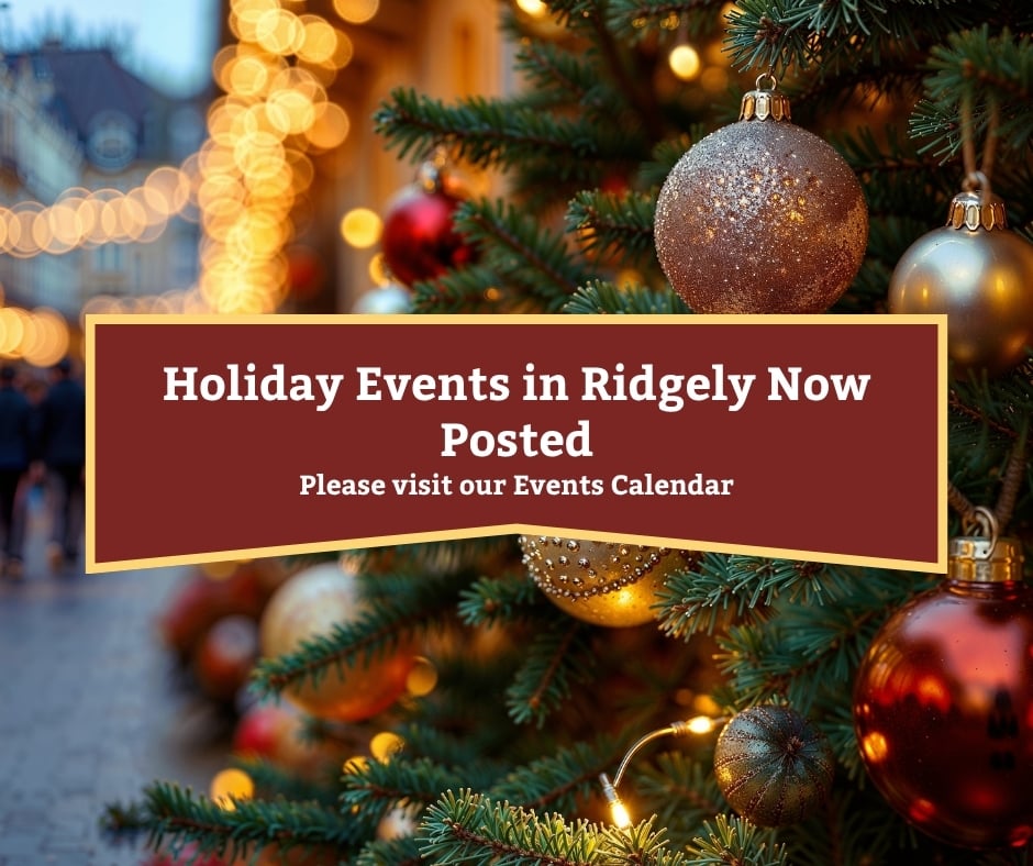 Christmas tree background with text announcing Holiday events have been posted