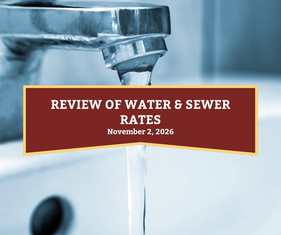 Bathroom tap with water flowing and text that reads Review of Water & Sewer Rates, November 2, 2026